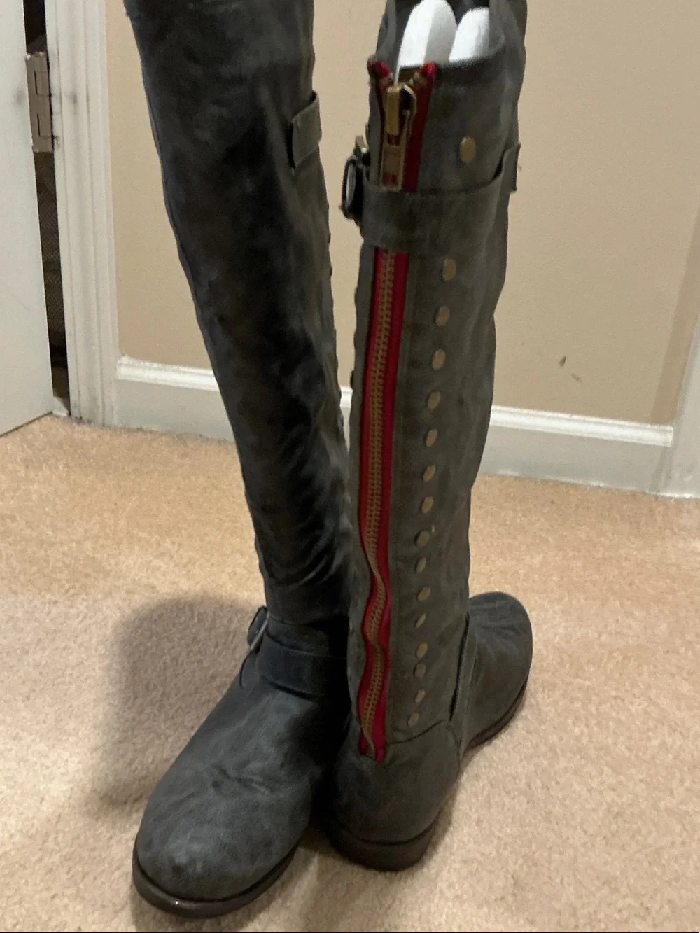 Women's Tall Gray Riding Boots with Red Zip Accent- Extra Wide Calf - 91/2